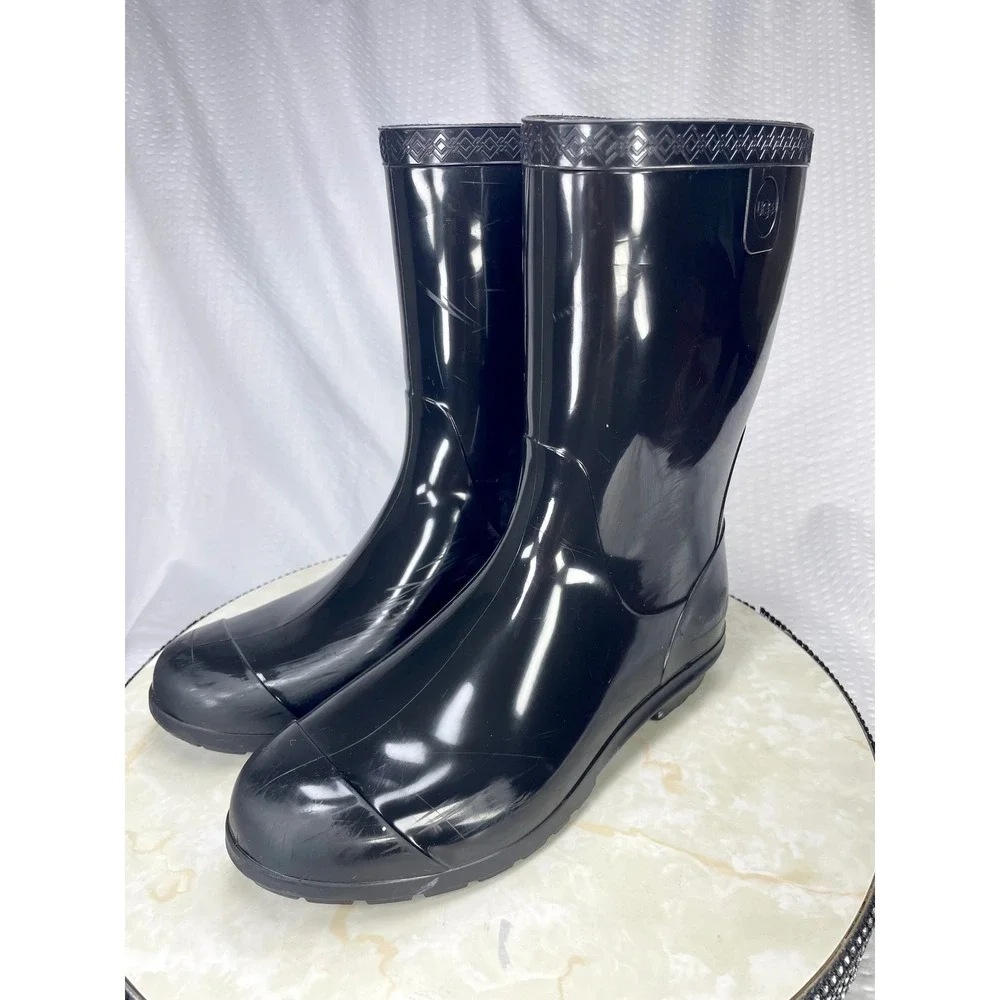 UGG Shaye Glossy Waterproof Rain Boots Womens 8 Black Rubber Outdoor Winter Shoe